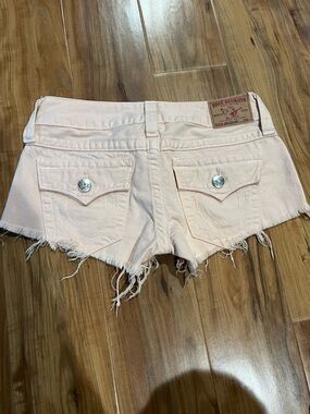 True Religion Light Blush Pink Frayed Hem Denim Joey Cut-Off Micro Shorts